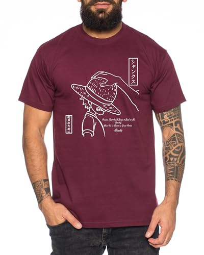 Shanks Promise - T-Shirt Homme Chapeau de Paille Luffy Zoro One Monkey D. Pirate Ace Piece Goku Anime Ruffy, Taille:S, Couleur:Bourgogne