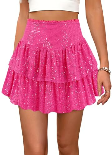 Segreto Damen Glitzer Pailletten Rock A-Linie Hohe Taille Minirock Dehnbar Faltenrock Glockrenrock Party Kurz Röcke