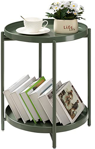 danpinera Beistelltisch Rund, Kleiner beistelltisch mit herausnehmbaren 2 Tabletts, für Wohnzimmer Schlafzimmer, Side Table Outdoor für Terrasse Dunkelgrün