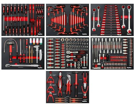 Mephisto 7 Werkzeugwageneinlagen Set mit Werkzeug | Ratschen- Set, Ratschenringmaulschlüssel, Ringschlüssel, Knarrenschlüssel, metrisch, in Soft Inlay mit Carbon Lock