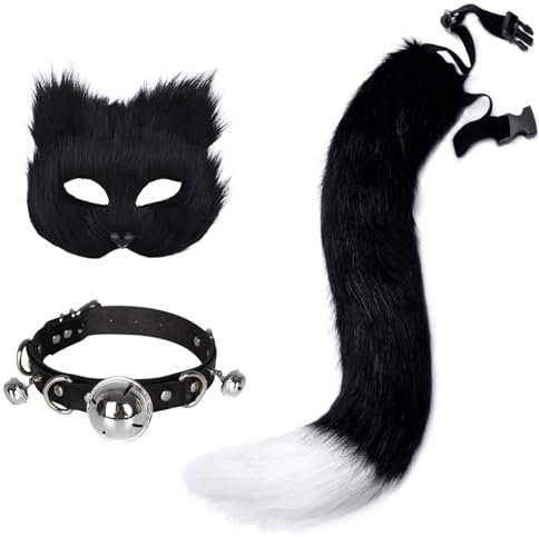 keland Pelzige Katze Fuchs Maske Fuchsschwanz Therian Gear Leder Choker Katzenkostüm Damen (Schwarz)