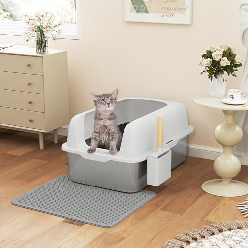 YITAHOME Edelstahl Katzenklo 30L XXL Extra Groß Katzentoilette- rutschfeste Hochwand | Anti-Streu-Fußmatte | Leicht zu Reinigende Antihaft-Oberfläche | 60x40x30cm (Grau)