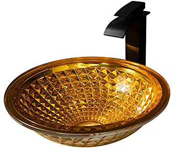 Lavandino da appoggio per bagno, lavabo da appoggio in vetro temperato, lavabo da appoggio rotondo, lavabo da appoggio sopra il piano, lavabo artistico con rubinetto a cascata, scarico a scomparsa