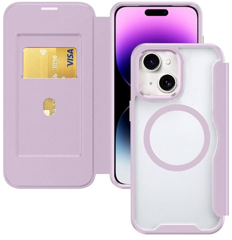 HAONANDE Magnetiskt telefonfodral För iPhone 13 / iPhone 14,flip folio läder Mobilskal kompatibel med MagSafe, korthållare, RFID-blockering, stöttåligt klar Case Purpur