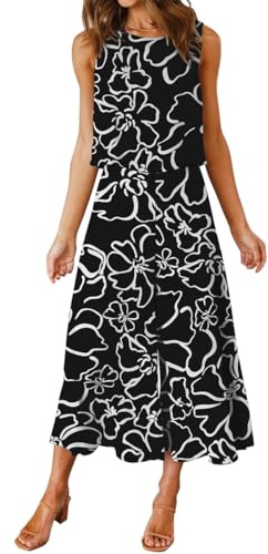 FANCYINN Dam Sommar 2 stycken Outfits Långt Grundläggande Skjorta Byxor Långa Byxor Hög Midja Träningsdräkter, Svart med vita blommor, XL