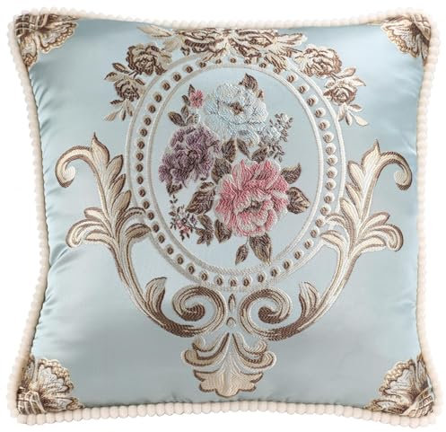 EURhine Jacquard Vintage Throw Pillows Covers Floral Embroidered Cushion Cover for Sofa Home Decor Europe Retro Classic Pillowcase (Sky Blue, 48x48cm (Pillow Cover Only))