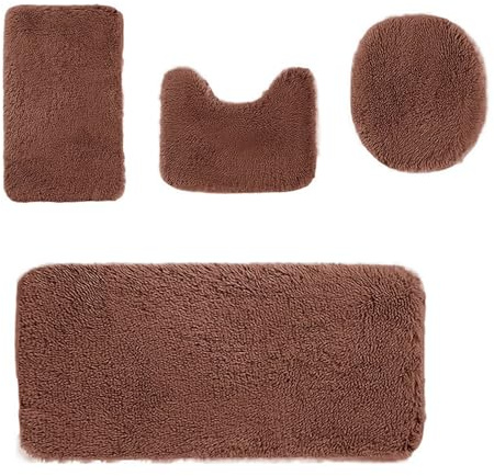 Heavyoff Badematte Set 4 teilig, Waschbar Badezimmerteppich, rutschfeste Badematte Toilettenmatte,Weich Saugfähige Badteppiche und WC Vorleger Duschvorleger, Braun