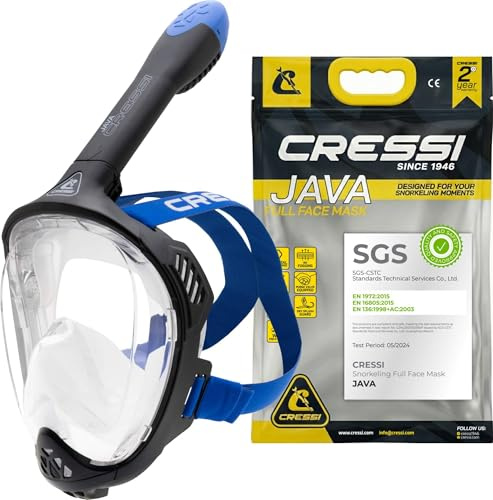 CRESSI Java Full Face Mask Black/Blue S/M - Snorkelmask för hela ansiktet, ultraklar antidimlins, 100% silikon, snorkeltorka med säkerhetsventiler,Svart/Blå,