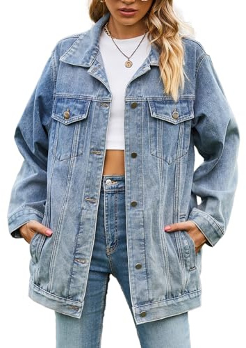 Vanchenl Damen Casual Denim Jacke Oversized Button Up Turn Down Kragen Lose Langarm Mid Long Mantel Hellblau,L
