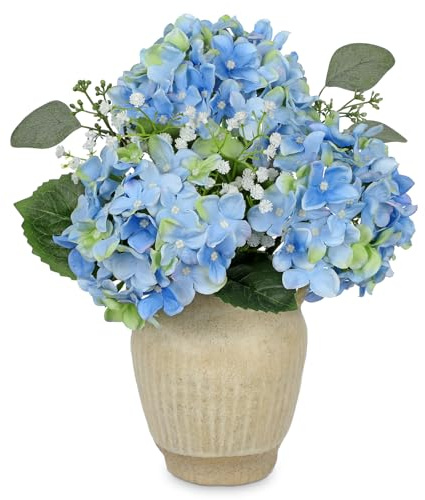 Briful Künstliche Hortensien im Rustikalen Keramiktopf – Kunstblumen Wie Echt Dekoblumen Blumengesteck für Wohnzimmer, Küche, Schlafzimmer & Büro – Blau
