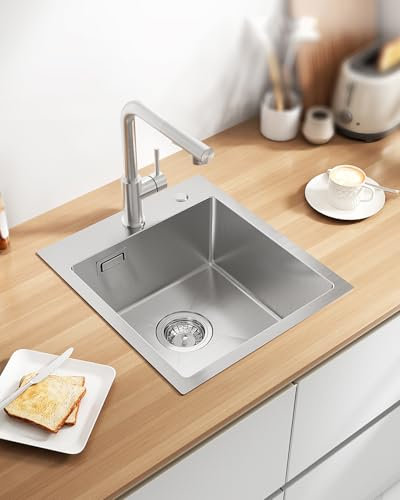 Sofetiy Fregadero Cocina 1 Seno 40x45cm, Fregadero Cocina en Acero Inoxidable 304, Fregaderos Sobre Encimera de Un Seno con Sifón y Juego Desagüe, Cepillado