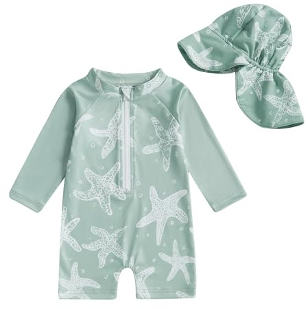 XIXIMAON Traje de baño bebé niño protección UV traje de baño de manga larga gorro de natación conjunto para piscina, playa, buceo, surf, Verde Estrella De Mar, 6-12 meses