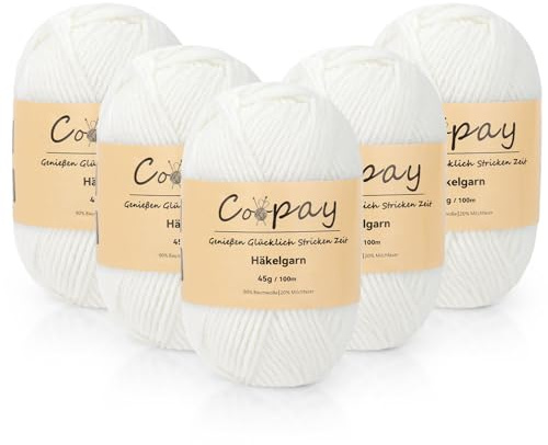 Coopay Lana para ganchillo, 225 g (5 x 45 g), 5 ovillos de lana para tejer, lana de bebé para principiantes, hilo de ganchillo súper suave para proyectos de ganchillo y punto, color blanco