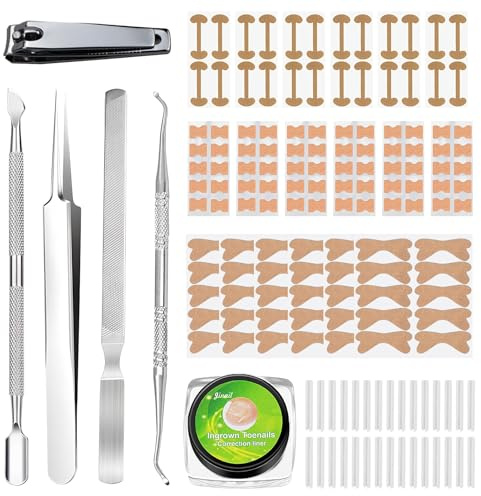 Set para Uñas Encarnadas, 18 Parches Autoadhesivos con Tiras Correctivas, Apoyo para Surcos Ungueales, con 12 Levantaúñas, Kit de Herramientas con Cortaúñas, Empujador y Lima