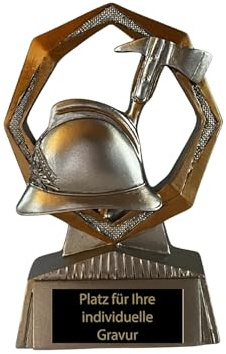Feuerwehr Pokal 11 cm - Resin Trophäe mit Helm & Axt - inklusive Gravur | Ehrenpreis für Wettbewerbe & Jugendfeuerwehr, silber-goldenes Design, 125 g leichte Figur, fertig montiert geliefert.