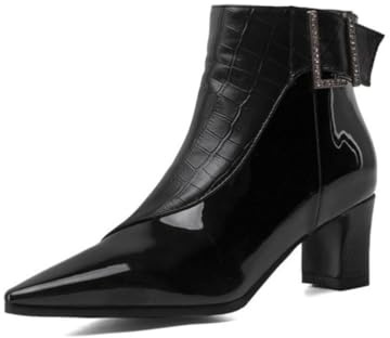Générique Bottines De Cheville en Cuir Verni Croco pour Femmes Bout Pointu Fibule Strass Talons Chunky Moyens Confortables Antidérapants Résistants Soirée Fête Bureau Chaussures,Noir,47 EU
