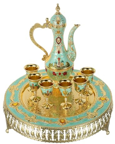 OSALADI Service à Thé Turc avec Théière Vintage et Plateau Verres à Vin Décorés pour Présentation Carafe Métal pour Pauses Thé ou Dégustation