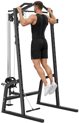 SPORTNOW Power Cage, Multi-Functional Power Rack with Cable Pulley System, Lat Pulldown & Pull Up Bar, 15-Level Adjustable Squat Rack for Home Gym Workout