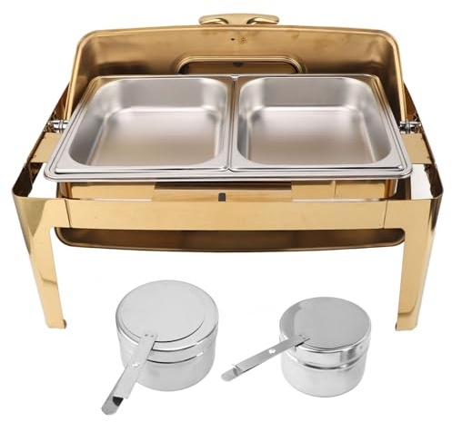 Mtlavishness Skavskål Rostfritt stål Buffé Chafer 9L Buffé Catering Mat Varmare Transparent Glas Lock Alkohol Uppvärmning Rektangulär (Pläterad guld)