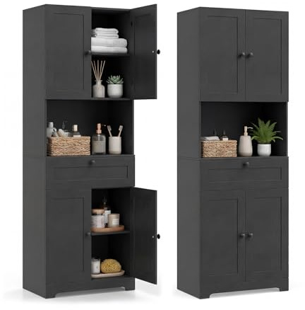 LIFEZEAL Armadio da bagno alto, mobile portaoggetti a 3 livelli in legno con 4 ante e 1 cassetto, scomparto aperto, ripiano regolabile, armadio moderno per bagno, cucina (nero)