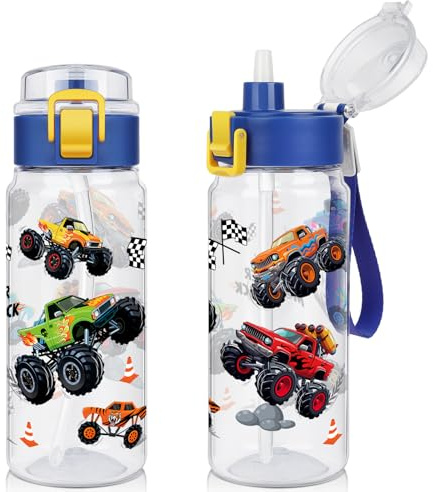 wooshwa Gourde Enfant avec Paille 550ml, Anti-Fuite Tritan Bouteille D'eau avec Verrouillage Sécurisé, sans BPA pour Garçons Enfant, pour l'école, Sport et Sorties - Camion Monstre