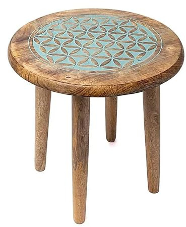 XdeliX Mesa auxiliar redonda de madera de mango con flor de la vida azul, diámetro 30 cm x altura 31 cm, 1665 g, taburete de madera con 4 patas, mesa decorativa, altar para piedras preciosas