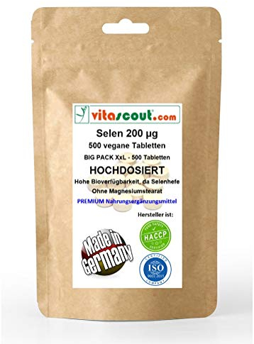Selen 200 mcg/µg - 500 Tabletten - OHNE MAGNESIUMSTEARAT - MADE IN GERMANY - vegan aus Selenhefe