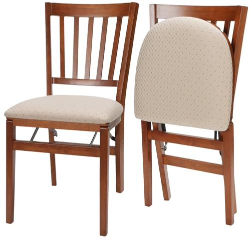 MECO Stakmore School House Wooden Folding Chairs with Padded Seats, Set of 2 - No Assembly Foldable Dining Chairs, Steel Folding Mechanism, Upholstered Cushion, Space-Saving, Fruitwood Frame