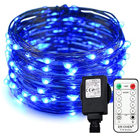 Erchen Strom-betrieben LED Lichterkette, 33 FT 100 LED 10M Stecker dimmbare Kupfer Draht Lichterketten mit 4.5V DC Adapter Fernbedienung für Innen Außen Weihnachten Party (Blau)