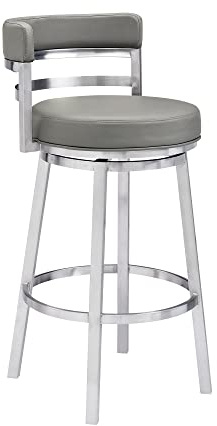 Armen Living Madrid 26 Counter Height Swivel Modern Gray Faux Leather and Brushed Stainless Steel Bar Stool for Kitchen Island Counter