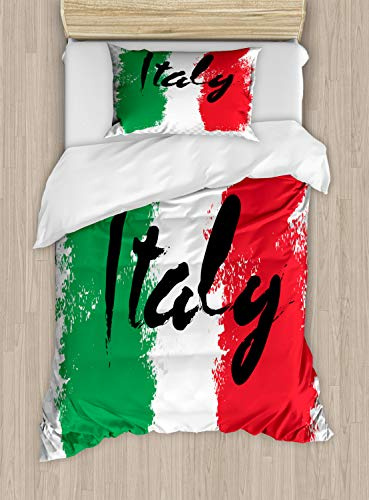ABAKUHAUS Italien Bettbezugs Set für Einzelbetten, Italienische Flagge Bunte Grunge, Milbensicher Allergiker geeignet mit Kissenbezug, 130 x 200 cm,Rot Grün