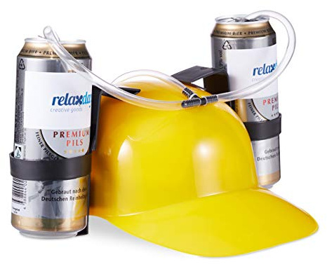 Relaxdays 1 x Party Trinkhelm, Helm mit Schlauch, für 2 Dosen Bier, Spaßartikel Fasching u. Fußball, lustiger Bierhelm, gelb