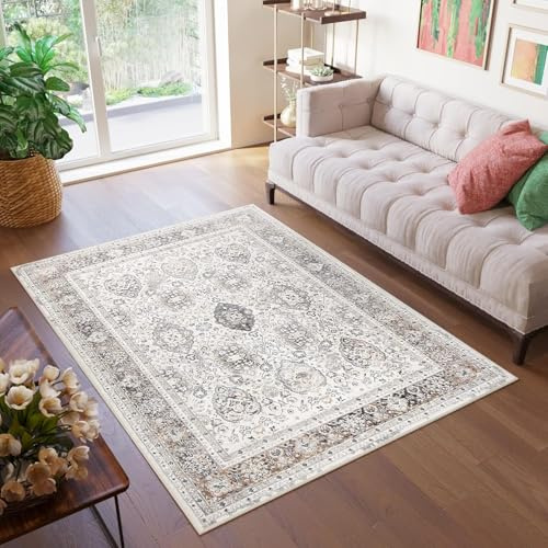 TAPISO Valley Teppich Kurzflor Weiß Beige Grau Vintage 200 x 300 cm | Ornament Blumen Used Effekt Meliert Verwischt Wohnzimmer Schlafzimmer OEKO-TEX