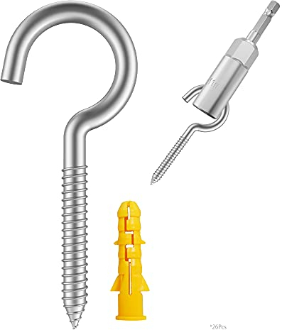 304 Edelstahl Schraubhaken, Metallhaken, Heavy Duty Screw Eye Hooks, Holzklemme Ring Eye Haken, Hängemattenhalterungen, Ösenbolzen (4.4 26 pcs +1 pcs 1/4 hex shank wing nut driver)