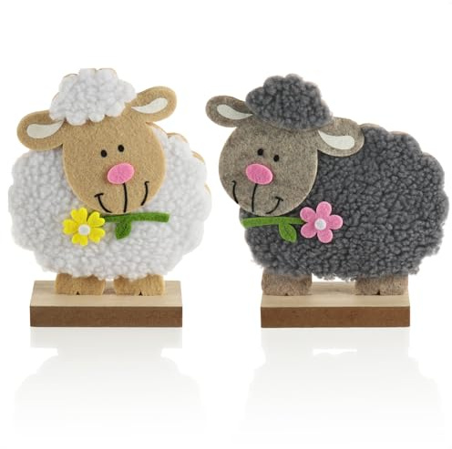 com-four® 2x Supporti decorativi per Pasqua - Pecore molto carine - Decorazione pasquale da posare - Decorazione pasquale in legno, feltro e lana (2 pezzi - agnello - nero + bianco)