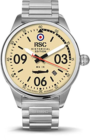 RSC Pilot's Watches Uomo 47mm Orologio da aviatore analogico svizzero al quarzo Spitfire, acciaio, Militare
