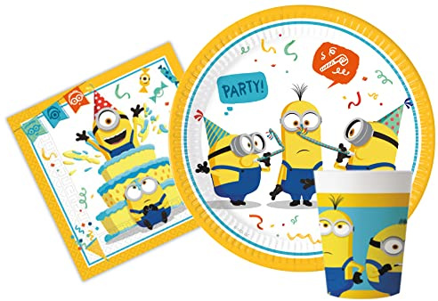 Ciao - Party Tableware Set Minions The Rise of Gru for 24 People (88 pcs: 24 Paper Plates Ø23cm, 24 Cups 200ml, 40 Paper Napkins 33x33cm)