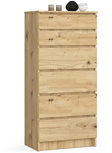 AKORD | Kommode K60 mit 6 Schubladen | für das Wohnzimmer Schlafzimmer Schrank Büro Arbeitszimmer | Modernes Funktionales Design | B60 x H130 x T40 cm, Gewicht 43kg | Eiche Artisan