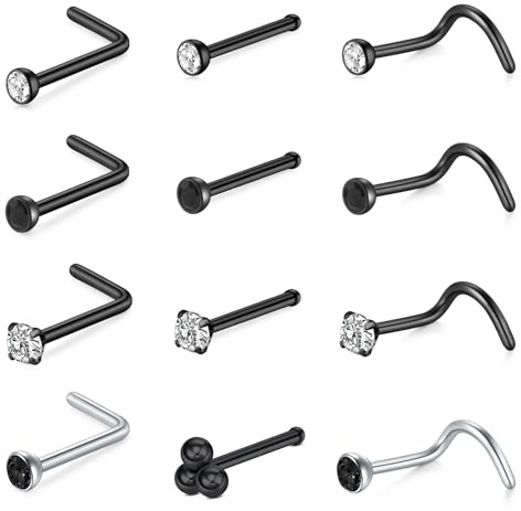 Rajnard Noir Anneau Nasal vis Acier Inoxydable 0.6/0.8/1.0mm Nostril Bar 7mm L Shape for Women Men Piercing Jewelry 22g / 20g / 18g