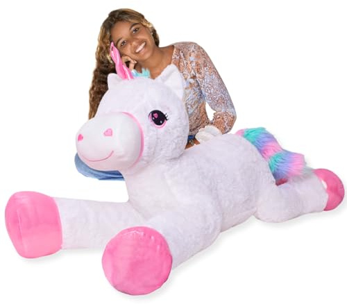 TE-Trend XXL Enhörning, plyschdjur, 120 cm, vit, gosedjur, med rosa glitterhorn och regnbågsvans, perfekt mjuk leksak för kärleksfull gåva