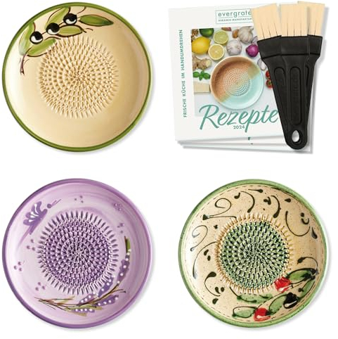 evergrate Keramikreibe 3er Verschenkset - Olivia, Valeria, Duna mit Küchenpinseln und Rezeptheften