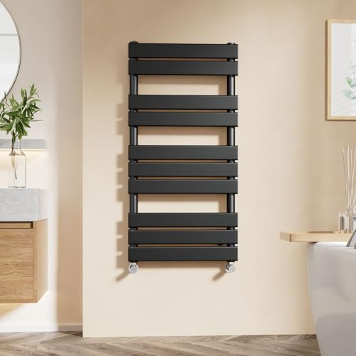 EMKE Black Heated Towel Rail for Bathroom, Modern Flat Panel Design, Wall or Floor Mounted Heating Rack, 1000 x 500 mm，Towel Radiator