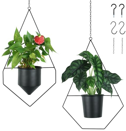 alma home Blumentopf hängend schwarz - 2er Set Blumenampel innen und außen Wanddeko Metall Hängetopf für Pflanzen mit Haken und Kettenverlängerung