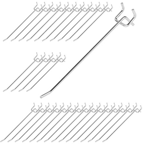 Waltool 40Pcs 8 /200mm Stainless Steel Pegboard Display Hooks Bulk Set, Silver Garage Organization Peg Wall Hook Metal Slatwall Panel Hook Fit 1/8 and 1/4 Inch Pegboard for Retail