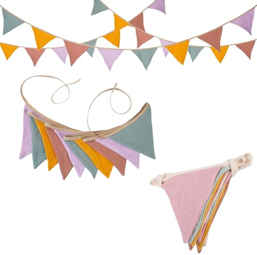 May Huang Wimpelkette Kinderzimmer, Musselin Baumwolle Stoff Wimpelkette, Babyzimmer Deko, Wanddeko Geschenk, 2,6M Rosa Stoffgirlande, Kinderzimmer Wanddeko für Hausbett, Babybett, Kinderbett