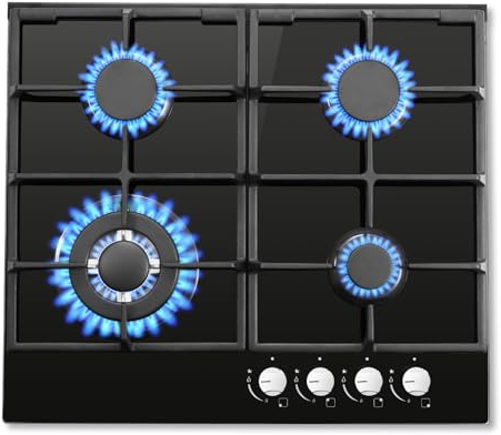 SNDOAS Gas Hob 4 Burners, NG/LPG Convertible, 60cm Black Glass Gas Cooker Hob with Wok Burner, Built-in Cooktop with Flame Failure Protection, 8060W