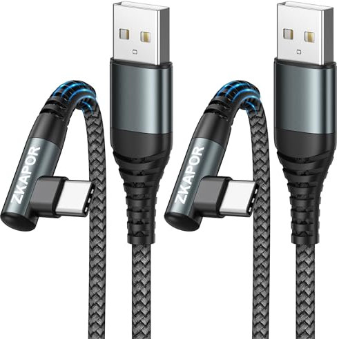 ZKAPOR Cavo USB Tipo C [2Pezzi, 1m], 90 Gradi Cavo USB C di Ricarica Rapida 3.1A Nylon Intrecciato per iPhone 15/15 Pro Max, Samsung Galaxy S23/S22/S21, Note 10, P40/P30, Google Pixel -Grigio