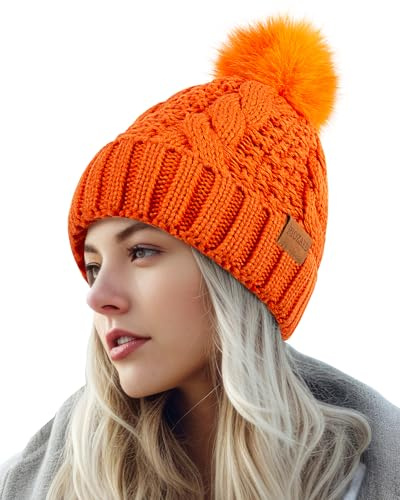 PIOZAED Women's Winter Pompom Beanie Warm and Cozy Knit Hat Fleece Lining Skull Cap for Women