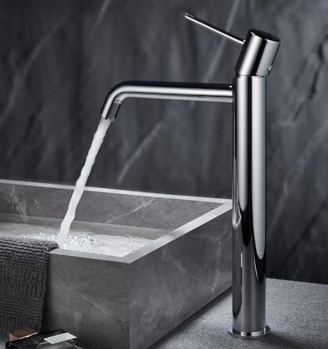 IMEX - Grifo Lavabo Cromado Caño Alto | Grifo Baño Mezclador Agua Fría y Caliente | Grifería Monomando Efecto Cascada con Caño de Latón y Ahorro de Agua | Serie Monza | Color Cromado
