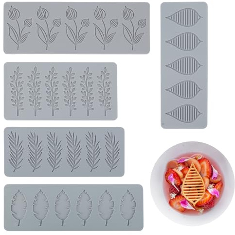 PCXWTLN Tuille Moulds Silicone for DIY Baked Fudge Chocolate Cake | 3D Hollow Leaves Shape Silicone Tuile Mould, 5 Pack Food Grade Cake Fondant Mold, Candy Moulds, Silicone Chocolate Moulds